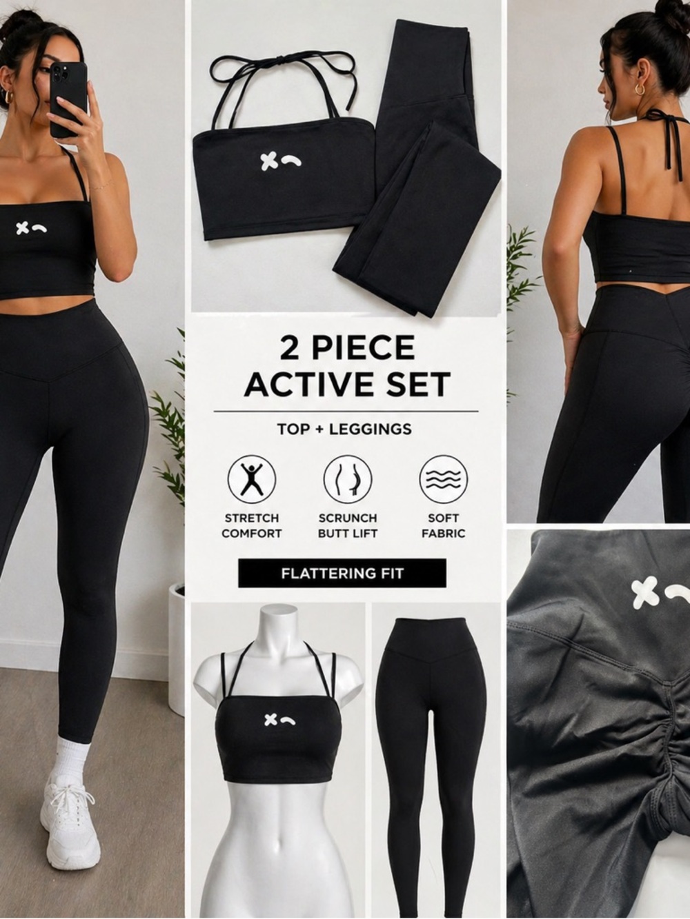 2 Piece Active Set Black Scrunch Butt Lift Leggings + Crop Top